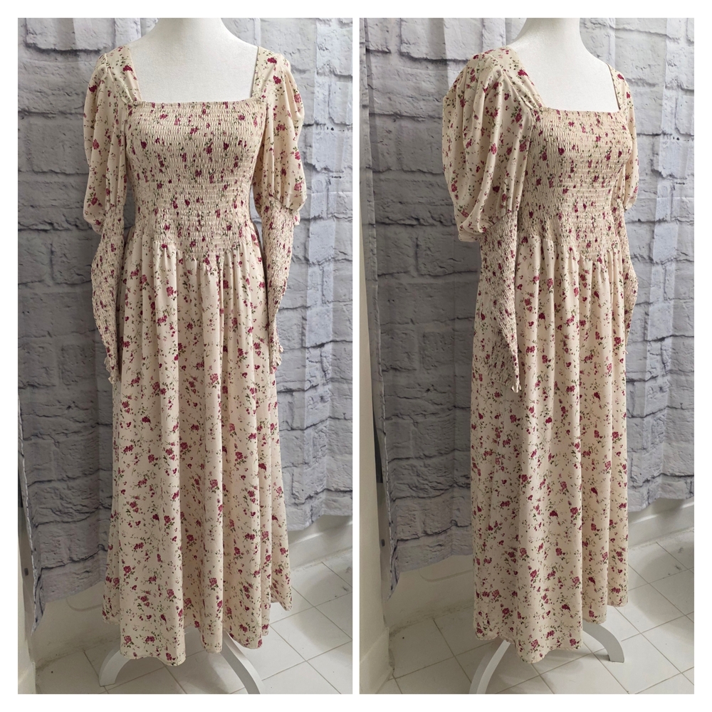 Sister Jane Cream Burgundy Floral Ruched Body Long Sleeve Maxi Dress Size Medium